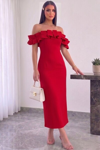 Aysan Moda Staraplez Gathered Filled Full Lycra Event Dress with Low-Cut Detail