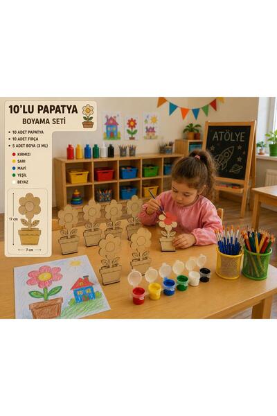 WoodStory 10'lu Ahşap Papatya / Çiçek Boyama Seti | 10 Fırça + 5 Renk Akrilik...
