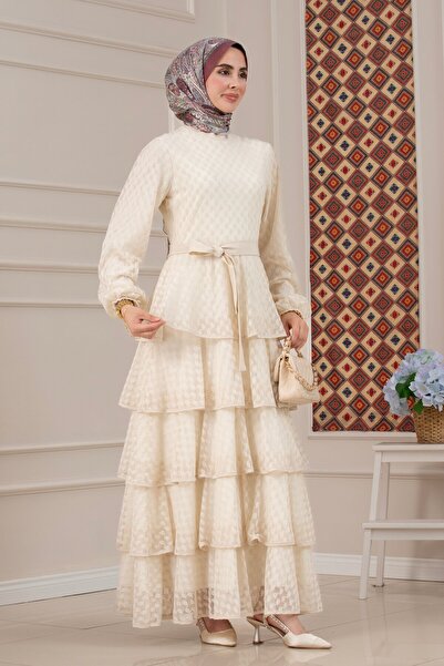 Sevitli Layered Lace Elisa Hijab Dress-Beige