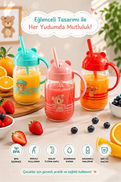 GENCHOME HOMEWARE كوب زجاجي للأطفال مع مصاصة 380 سي سي، كوب ماء زجاجي بمقبض ع...