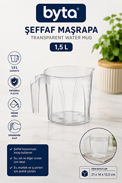 BYTA 1,5 L Şeffaf Plastik Sürahi Maşrapa | Ergonomik Kulplu Çok Amaçlı Su Sür...