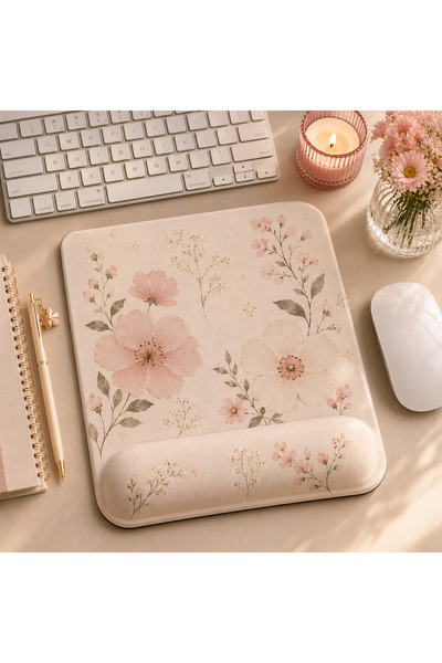 matizya Çiçek Desenli Bilek Destekli Mouse Pad 19x23 cm Ergonomik Dikişsiz Ka...