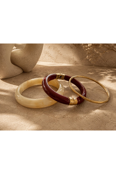 SOLÉORA COAST Bordo & Krem Reçine Bileklik Seti – Gold Detaylı 3’lü Premium K...
