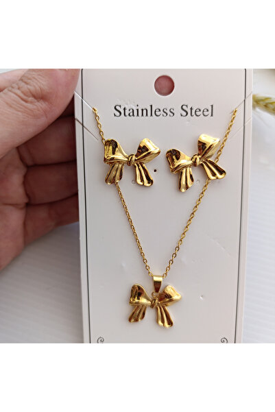 GlaMLo Accessories Set Colier și Cercei fundiță din oțel inoxidabil auriu
