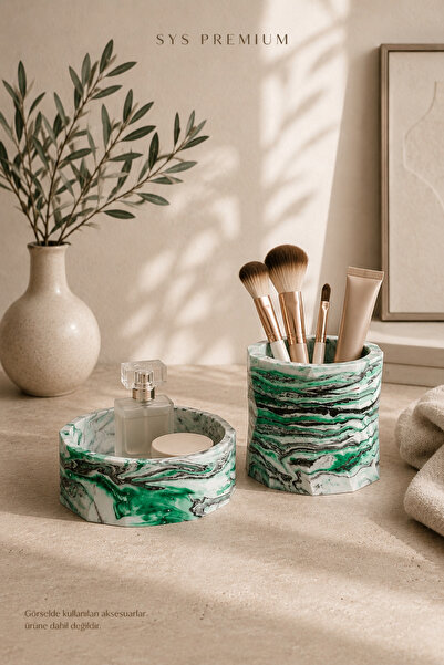 - 2'li Dekoratif Saksı Makyaj Organizeri Kalemlik Obje Yeşil Mermer DesenliDekoratif Aksesuar 2'li organizer set