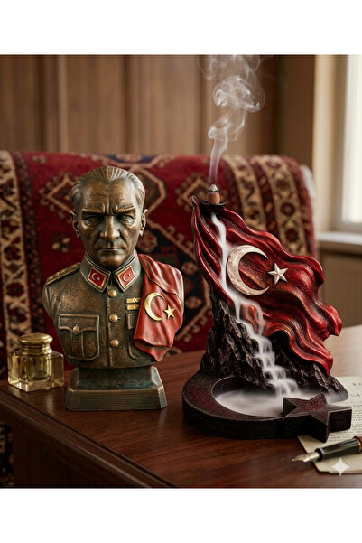 ATÖLYE LAYDA 2'li Set: 15 cm Atatürk Büstü ve Türk Bayraklı Geri Akışlı Şelal...