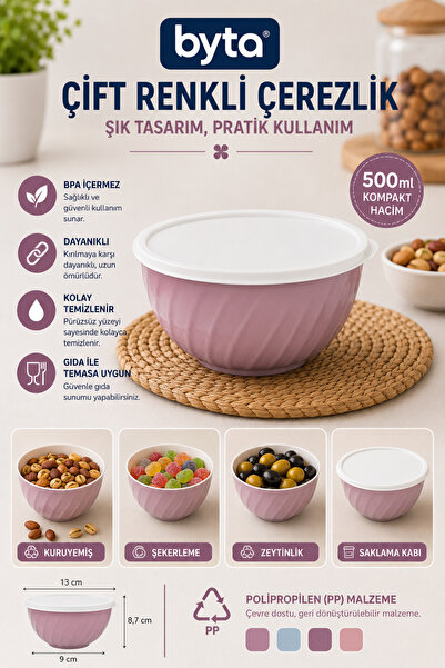 BYTA Çift Renkli Çerezlik 500 ml PP Plastik Kapaklı Kuruyemiş, Zeytin ve Sakl...