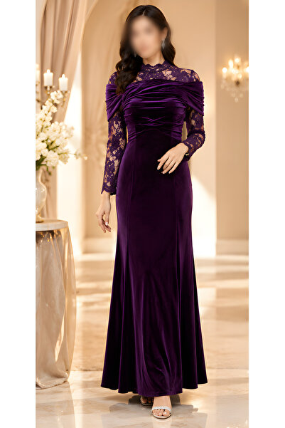 Nobrand Luxury Lace Long Purple Velvet Evening Dress