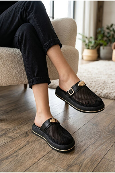 Suuet Revas Women's Slippers with Front Buckle and Mesh, Black