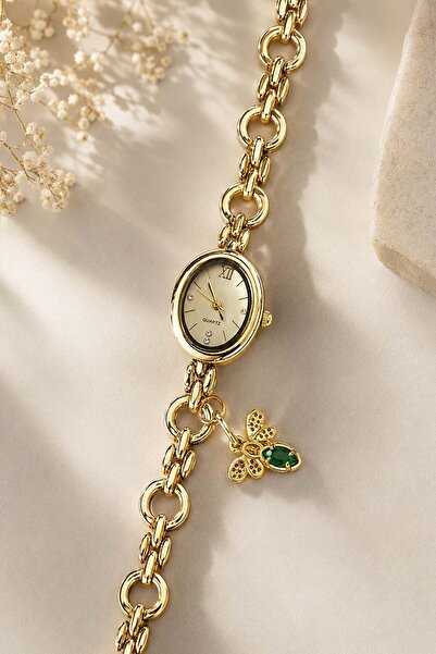 GANYMET Gress Women's Gold Bee Charm Bracelet Watch Green Stone Detailed Oval...