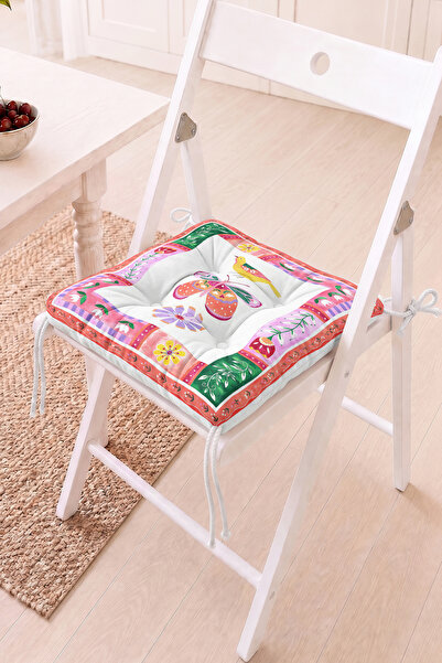 Home Kuş ve Kelebek Desenli Pofidik Sandalye Minderi - Çiçekli Renkli Dekorat...