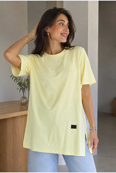 Tenra Women's Basic Oversize T-Shirt, Crew Neck, Long Length, Slit, Laser Cut...