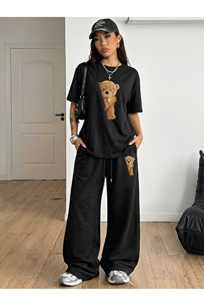 darkopia Unisex Teddy Bear Printed Oversize T-Shirt and Baggy Sweatpants - Su...