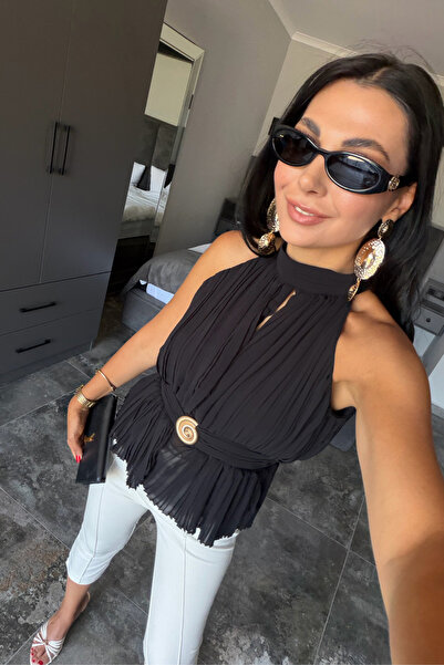 Seda Yalçın Atelier Gold Bel Detaylı Pileli Tasarım Bluz Siyah