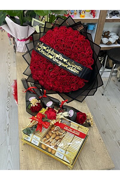 UMAY FLOWERS İsme Özel 99 Güllü İsteme Çiçeği ve Cam Çikolata Kutusu - Söz Ni...