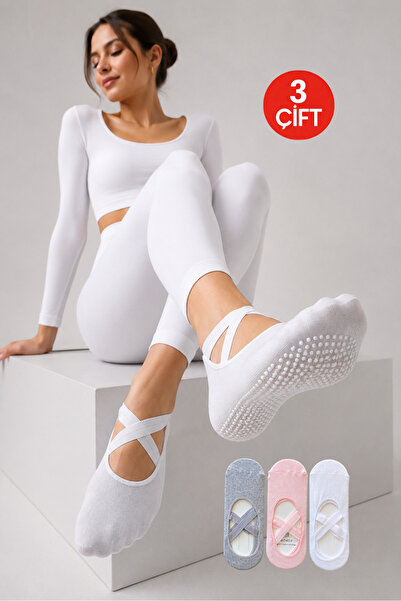 Onouqo 3 Pairs of Non-Slip Pilates Socks Women's White Cross-Band Yoga and Ba...