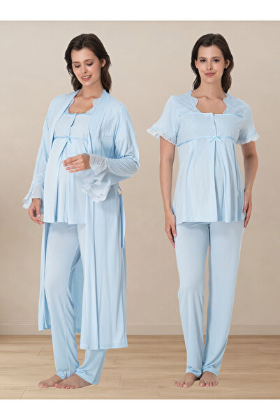ByLohusa Adjustable Waist Elastic Short Sleeve Maternity Pajama Set with Dres...