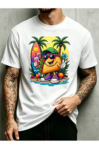 NOURAM Cartoon Surfing Beach Theme Men Round Neck T Shirt Loose Fit 100 Perce...