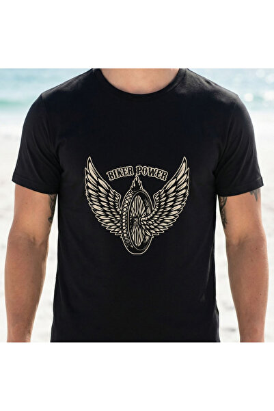 2mcup T-Shirt Black Wing Wheel Power Pattern Print Suitable for Motorcycle En...