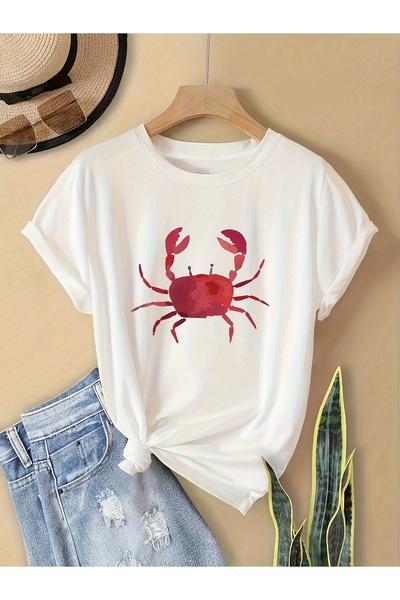STITCHLY Women's White T-Shirt with Red Watercolor Print - Short Sleeve Summe...