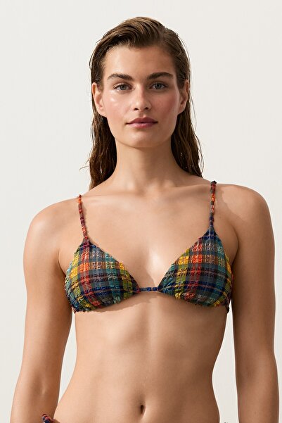 Oysho Kare desenli dokulu üçgen bikini üstü