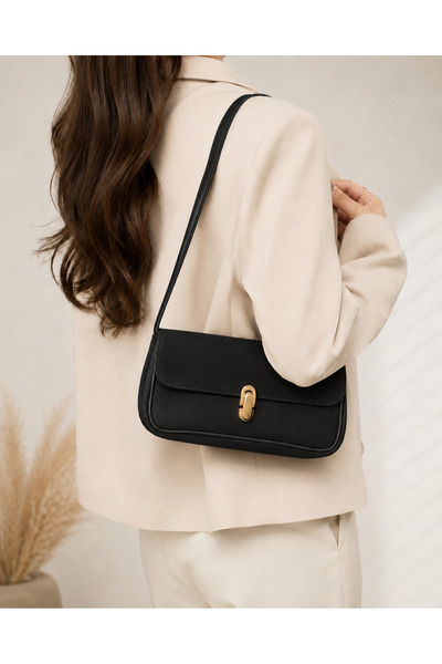 zetus Roma Black Covered Baguette Shoulder Bag Women's Stylish Daily Bag with...
