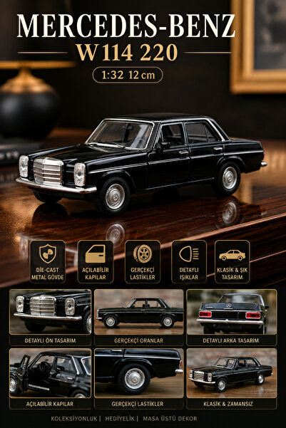 craftivio Siyah Mercedes-Benz W114 220 Klasik Metal Maket Araba 1:32 Ölçek 12...