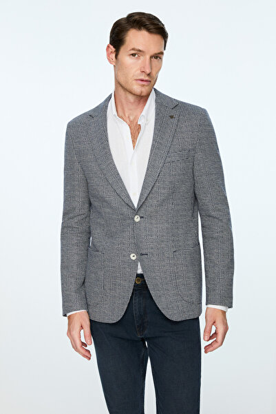 Morven Men's Navy Blue Knitted Trendy Patterned Slim Fit Mono Collar Jacket