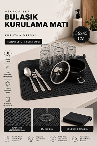 Parmeva Siyah Renk Mikrofiber Bulaşık Kurulama Matı Kurutma Örtüsü Pedi Tezga...