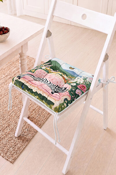 Home Zebra Figürü ve Çiçek Desenli Pofidik Sandalye Minderi - Renkli Dekorati...