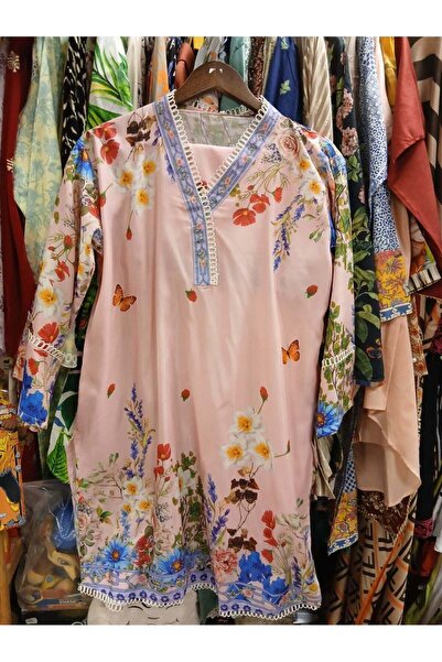 Generic Women's Floral Print Coord Set, Pink Sheesha Lawn, V-Neck with Lace T...