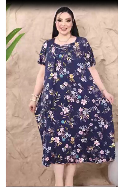 BONİTA FASHİON Plus Size Casual Home Dress - Flower Print, Square Neck, Relax...