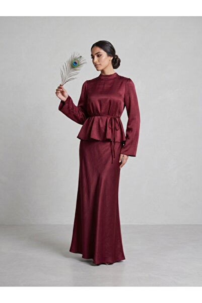 Norshen High Collar Tie-Back Detailed Blouse & Flared Maxi Skirt - Satin Set