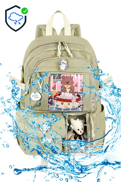 Waddell Licensed Korean Style Accessorized Beige 3-Piece Set Girls' Primary School Bag Backpack with Pencil Holder and Lunch Bag