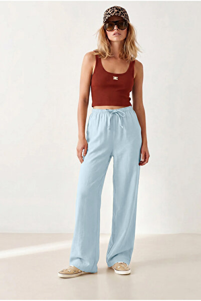 Olalook Women's Baby Blue Elastic Waist Pocketed Royal Linen Flowy Trousers P...