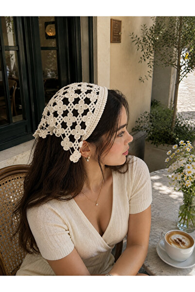 CSR AKSESUAR Handmade Floral Motif Metal Crown Knitted Bandana - Non-Slip Boh...