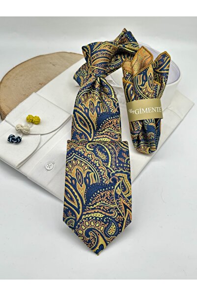 Gutiero Classic Tie with Gold Paisley Patterned Handkerchief