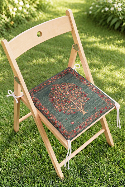 Home Nar Ağacı Desenli Fermuarlı Sandalye Minderi - Yeşil Zemin Kırmızı Motif...