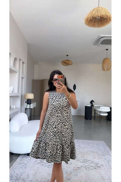 Buket Teke Leopard Patterned Skirt with Ruffles and Wrinkled Dress