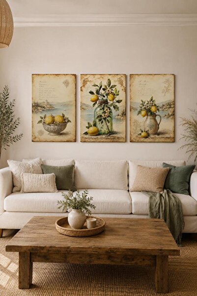 ARTI HOME Limon Temalı 3’lü Ahşap Dekoratif Tablo Seti – Vintage Akdeniz Mutf...