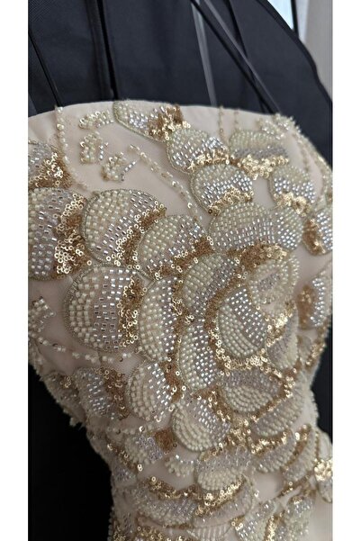 FASHION Soft Beige Fluffy Evening Dress with Elegant Gold Floral Embroidery o...