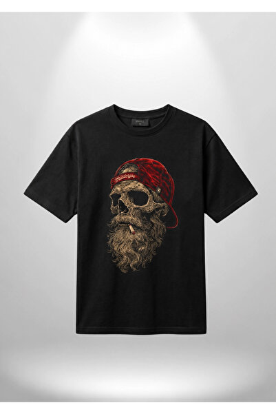 qubprive Urban Skull: Kırmızı Şapkalı Sakallı Kurukafa Baskılı Oversize Tişört