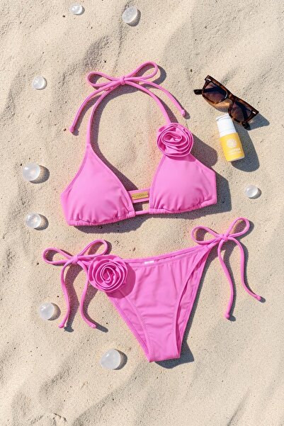 Luvensa Mor Gül Detaylı Üçgen Bikini Takımı