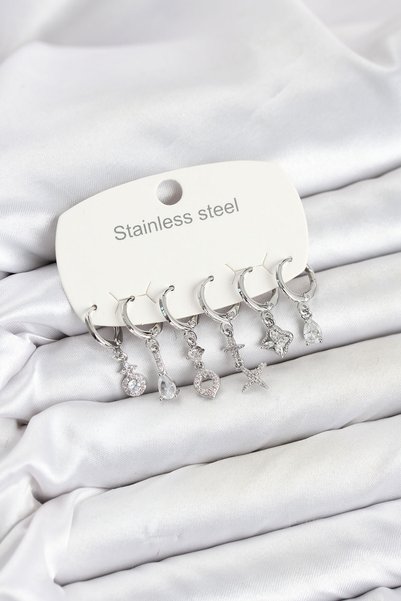Toptan Bulurum 316L Steel Silver Color Zircon Stone Clover Model Women's Earr...