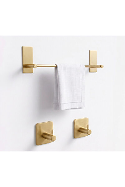 Staal Yapıştırmalı Parlak Gold 3'lü Banyo Seti Havlu Askısı + 2 Bornozluk Kan...