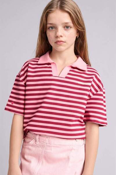 DeFacto Tricou polo cu mânecă scurtă cu dungi, roșu claret, pentru fete H8780...
