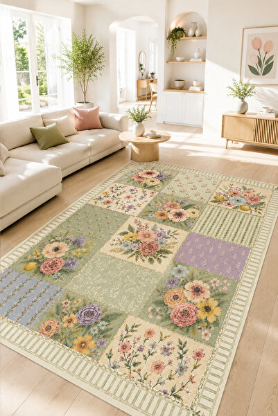 PINKIE HOME Dijital Baskı Kaymaz Yıkanabilir Çiçekli Soft Patchwork Salon Hal...