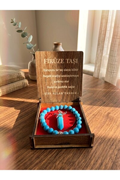 Meneva Aksesuar Firûze Stone Natural Stone Necklace with Wooden Box, Bracelet...