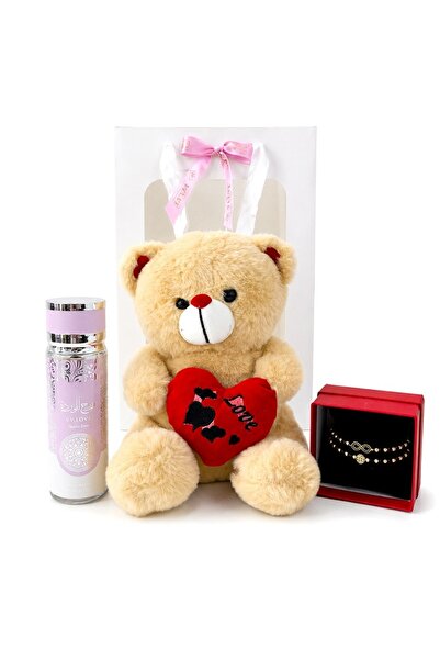 velve Set dama cu ursulet crem cu inima de plus,spray de corp arabesc VV LOVE...