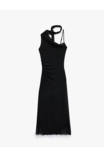 Koton Slim Fit Scarf Detailed Asymmetrical Cut Strap One Shoulder Midi Tulle ...